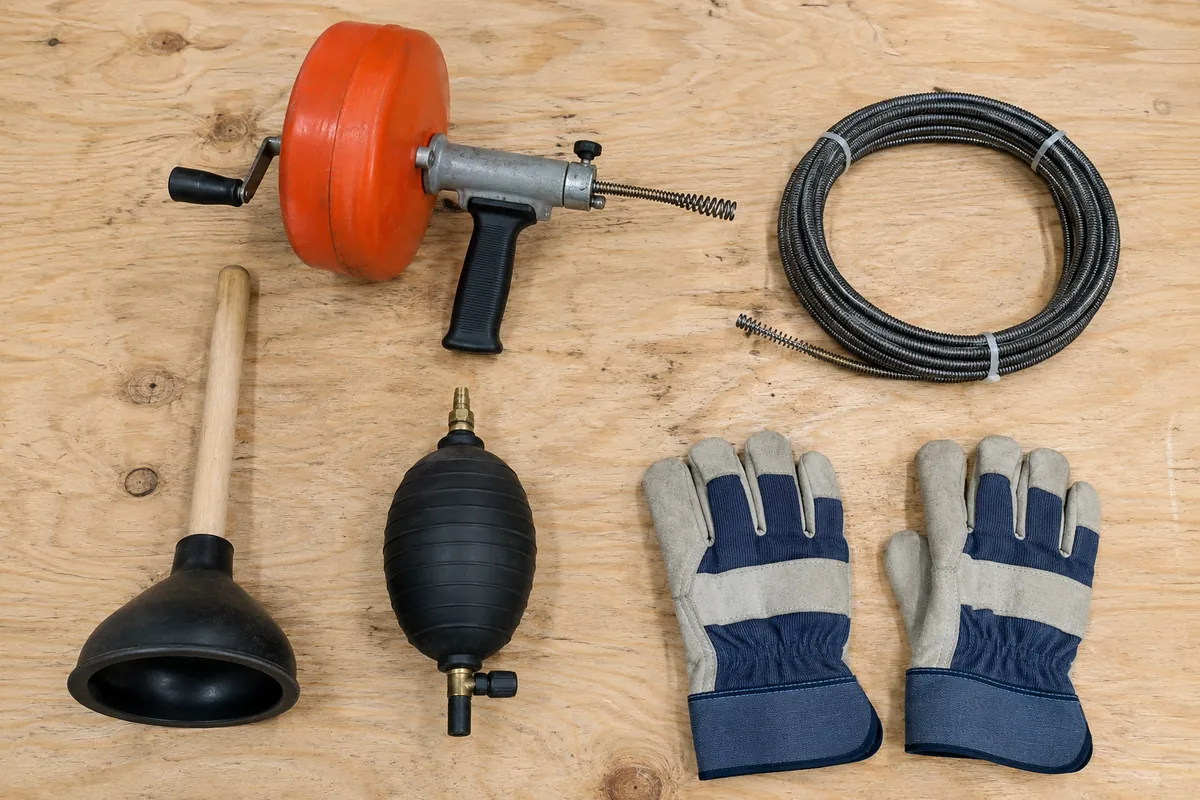 A tidy workbench flat-lay of drain cleaning tools: drum auger, snake, bladder, and plunger