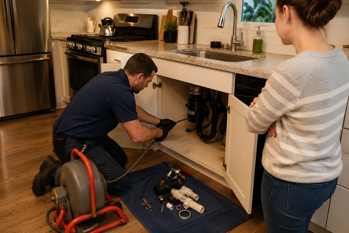 A plumber feeds a drum auger into a kitchen sink drain while the homeowner watches