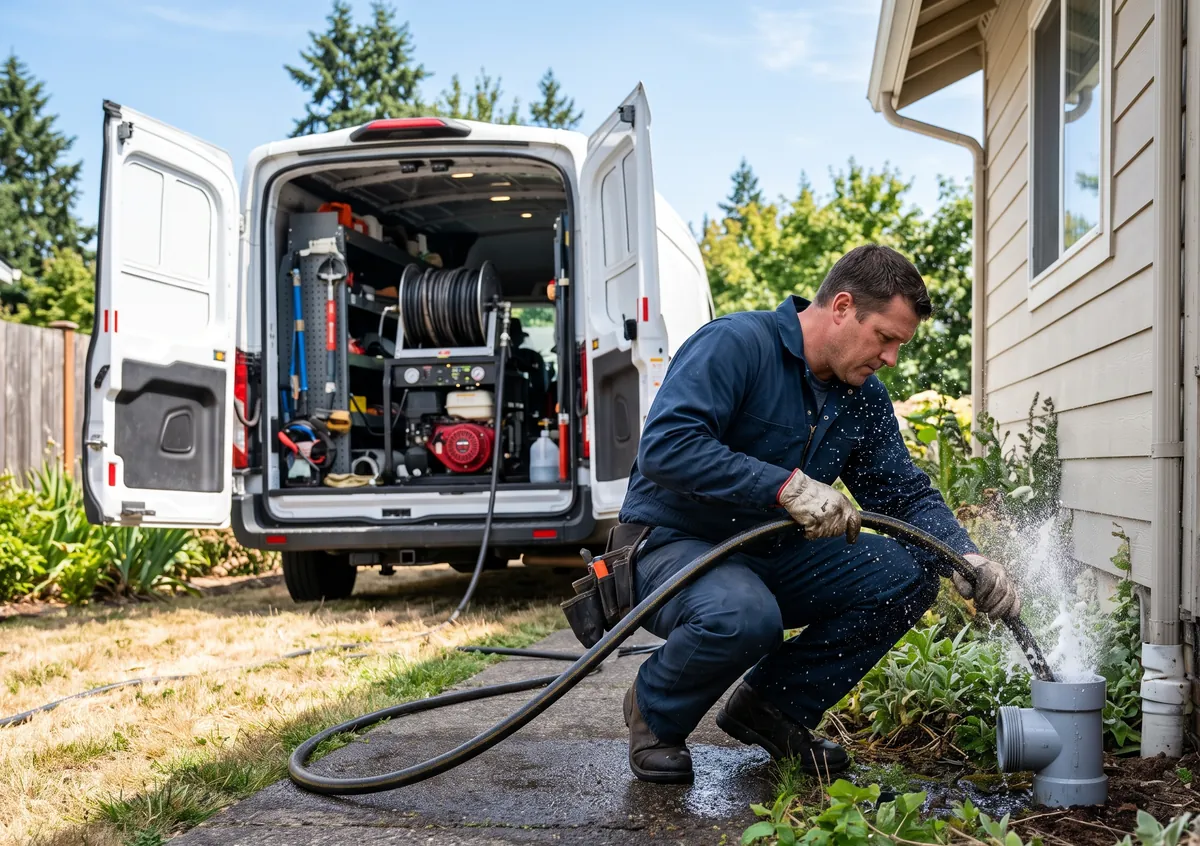 A plumber feeds a hydro jetting hose into an outdoor sewer cleanout beside a service van
